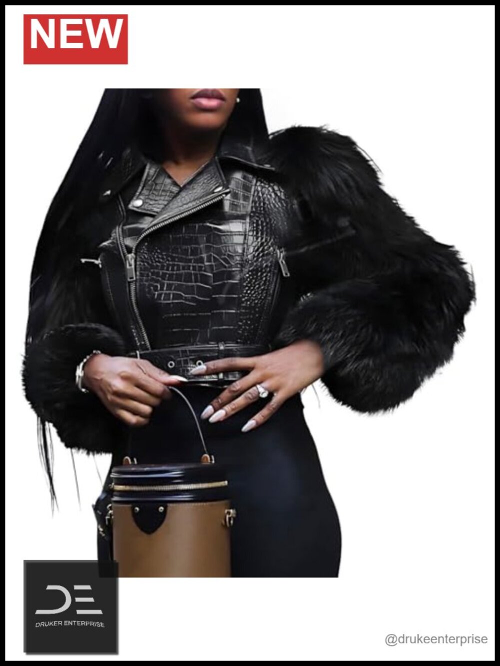 Faux Leather Cropped Moto Jacket with Faux Fur Sleeves